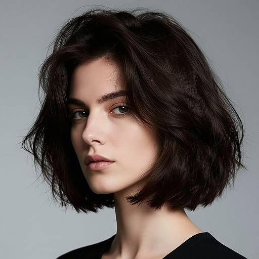 Photograph of a pale-skinned woman with short, wavy black hair, light blue eyes, and a serious expression, wearing a black top against