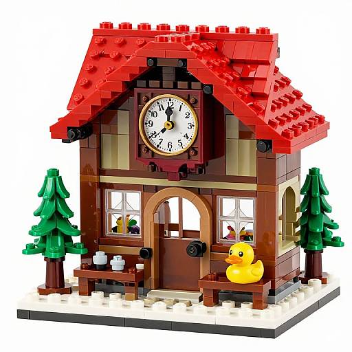 Photograph of a colorful LEGO house with a red roof, brown walls, clock, yellow duck, two green trees, and white snow.