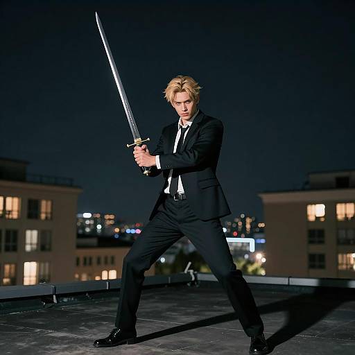 Dramatic Rooftop Sword-Wielding Man