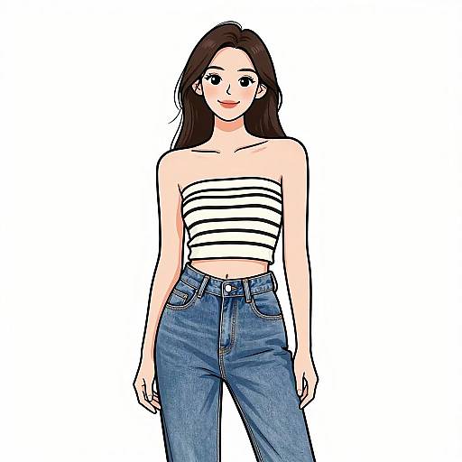 Digital illustration of a smiling young woman with long brown hair, wearing a white strapless bandeau top and high-waisted blue jeans, standing against