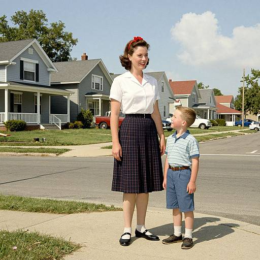 Photograph of a smiling Caucasian woman with red hair in a white blouse and black plaid skirt, standing with a young boy in a blue striped shirt