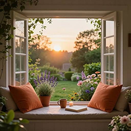 Sunset view through open window with orange pillows, potted lavender, mug, book, and garden in background. Vibrant, serene, and cozy