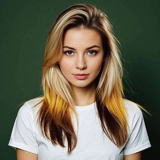Young woman with multicolored long hair in white t-shirt