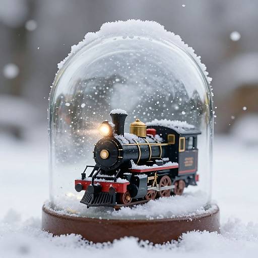 Photograph of a small black and red train model, illuminated, inside a snow-covered glass dome on a wooden base.