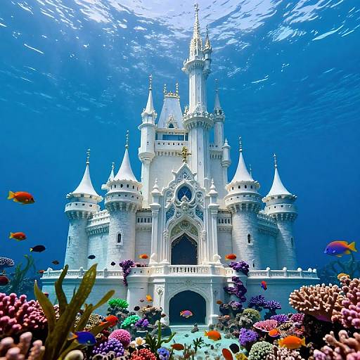 Photograph of an underwater castle with white turrets, surrounded by colorful coral and tropical fish, bathed in blue ocean light.