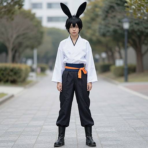 Photograph of an Asian man in a white karate gi, black pants, orange belt, black bunny ears, standing on a paved path in a