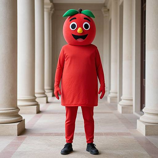 Photograph of a person wearing a red tomato mascot costume with green leaves, yellow nose, and smiling mouth, standing in a columned hallway with beige