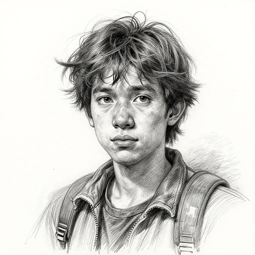 Black-and-white sketch of a young Asian man with tousled hair, wearing a jacket over a shirt, looking slightly to the left. Detailed, realistic