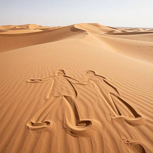Photograph of two shadowy figures etched into sunlit, rippled desert sand, with undulating dunes stretching to a bright, clear sky