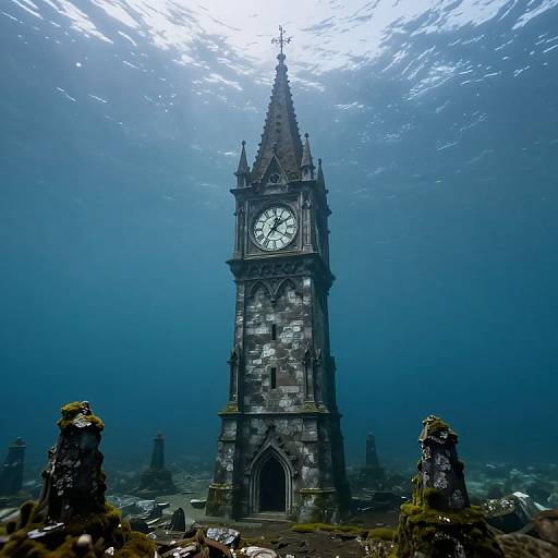 Photograph of an underwater stone clock tower with a pointed spire, surrounded by moss-covered rocks, and visible sunlight above.