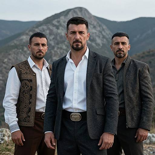 Photograph of three serious, bearded men in traditional attire standing in front of mountains; central man in gray suit, flanked by two in white