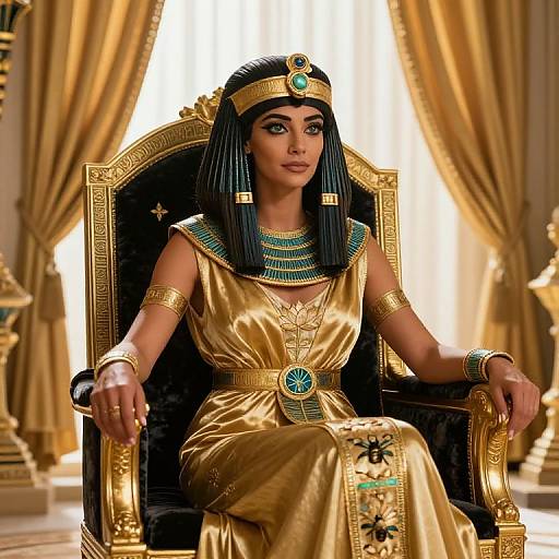Photorealistic CGI of an Egyptian queen with dark skin, black hair, gold and turquoise jewelry, and dress, seated on an ornate throne in