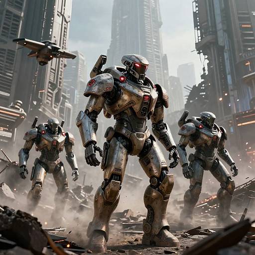 Photorealistic CGI of four metallic, red-eyed, futuristic humanoid robots marching through a smoke-filled, ruined urban battlefield with towering skyscrapers.