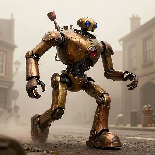 Photorealistic CGI of a bronze, humanoid robot with blue and red glowing eyes, running on a foggy, cobblestone street in a Victorian
