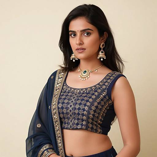Photograph of an Indian woman with long black hair, wearing a blue embroidered crop top, matching sari, gold jewelry, and green bindi,