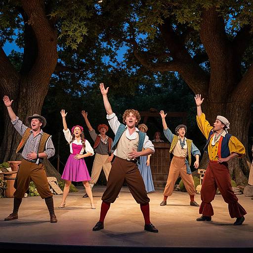 Photograph of a lively stage musical performance featuring eight actors in 18th-century attire, raising hands in unison under trees at dusk. Vibrant