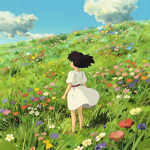 Anime-style digital illustration of a girl with black hair in a white dress, standing in a vibrant, colorful meadow of flowers under a bright blue sky
