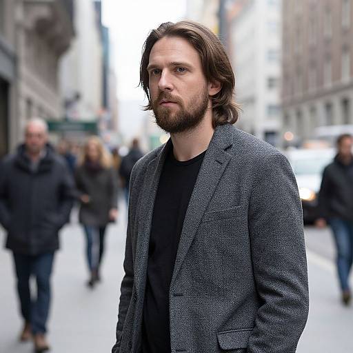 Photograph of a serious, bearded white man with shoulder-length brown hair, wearing a gray blazer and black shirt, standing on a busy city