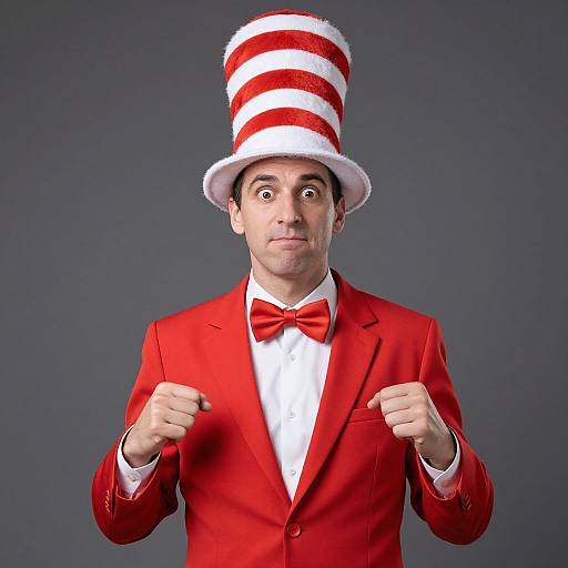 Photograph of a man with wide eyes, wearing a red suit, bowtie, and red-and-white striped top hat, punching fists against a gray