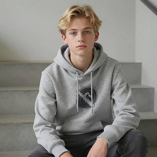 Young blonde boy with blue eyes, wearing a gray hooded sweatshirt with a black design, sitting on concrete stairs indoors. Photograph.