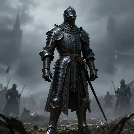 Photorealistic digital art of a armored knight in full plate armor, standing in a foggy, war-torn battlefield, holding a sword, with