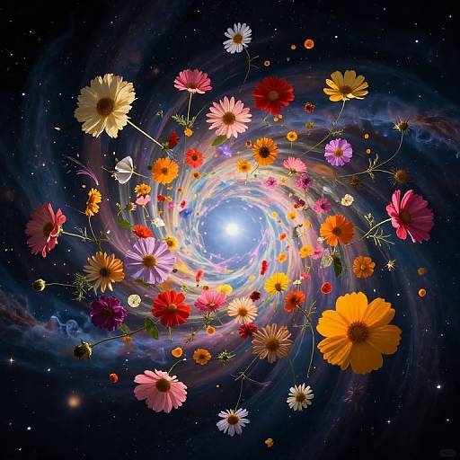 Vibrant digital artwork of colorful daisies swirling in a radiant, galaxy-like spiral against a starry, dark blue cosmos background.