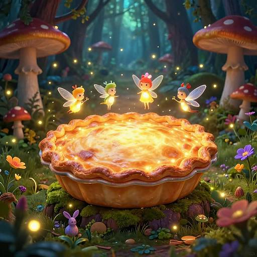 Whimsical forest scene with glowing fairy lights, three tiny fairies with wings, around an illuminated, fluted pie in a magical forest filled with