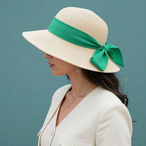 Photograph of a woman in profile, wearing a white woven sun hat with a green ribbon and bow, white blouse, against a blue background.