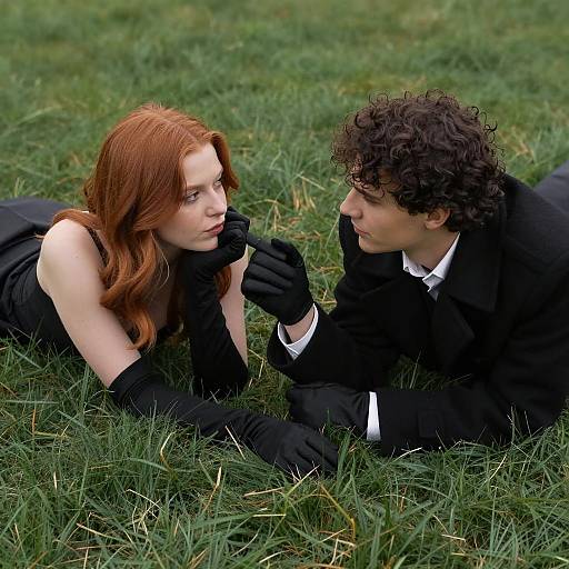 Couple Lying on Grass Holding Hands