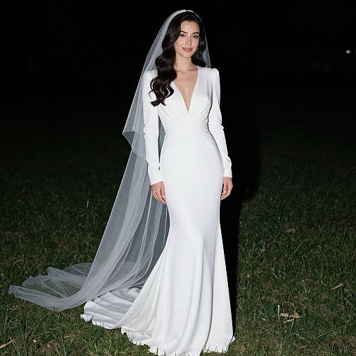 Photograph of a woman with long black hair, wearing a white, long-sleeve, V-neck wedding dress and sheer veil, standing on grass