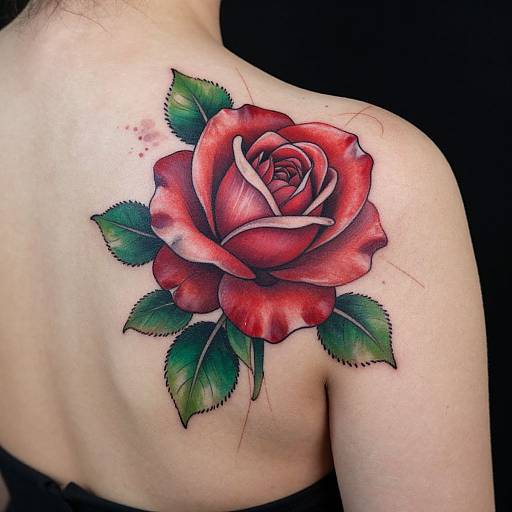 Photograph of a vividly colored red rose tattoo with green leaves on a light-skinned, bare shoulder against a black background.