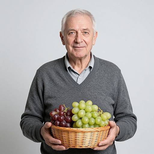 Photograph of an elderly man with white hair, wearing a gray sweater and light shirt, holding a wicker basket of green and red grapes, smiling