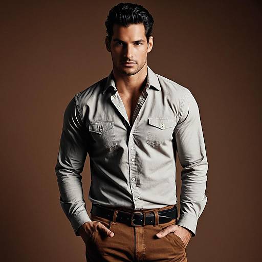 Stylish Man in Casual Shirt and Brown Pants