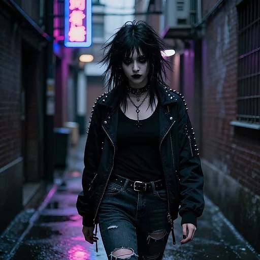 Gothic woman with messy black hair, dark makeup, black leather jacket, ripped jeans, and choker walks down a neon-lit, rainy
