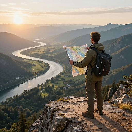 Cartographer at Sunrise Over Vast Landscape