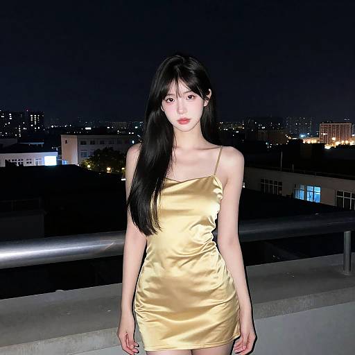 Black-Haired Woman on Rooftop at Night