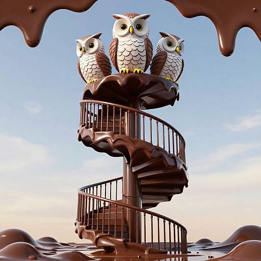 CGI image of three cartoon owls perched on a spiral, chocolate-like staircase with dripping chocolate in the background.