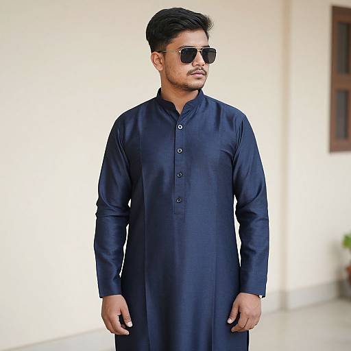 Photograph of a young South Asian man with short black hair, mustache, wearing black aviator sunglasses and a navy-blue traditional long kurta,