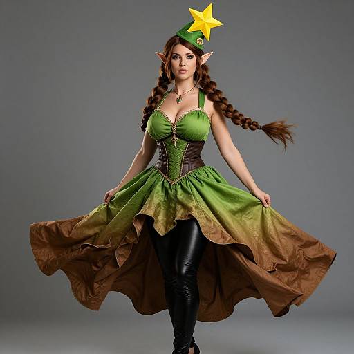 Photograph of a fantasy elf woman with long brown braids, green corset dress, brown skirt, black leather pants, yellow star hat, and