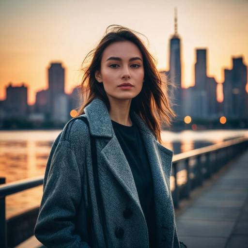 Woman in Coat at City Waterfront Sunrise
