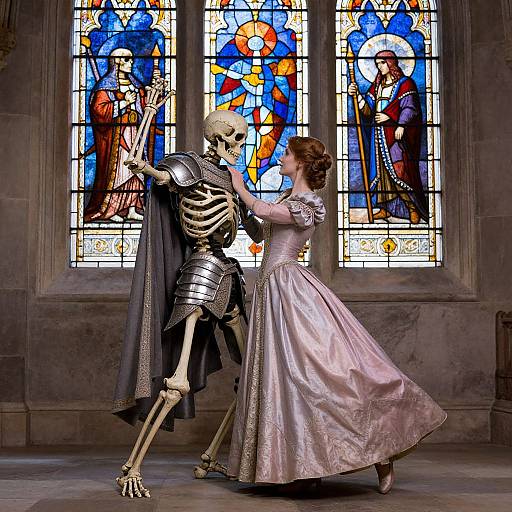 Photograph of a skeletal knight in armor dancing with a pink ballgown princess in front of vibrant stained glass windows.