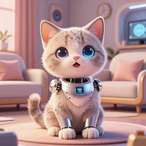 CGI image of a cute, robotic cat with large blue eyes, wearing a metallic collar, sitting in a cozy, sunlit living room.