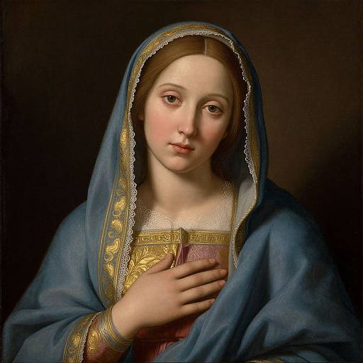 Photorealistic painting of a young, fair-skinned woman with brown hair, wearing a blue veil with gold trim, holding a book to her chest