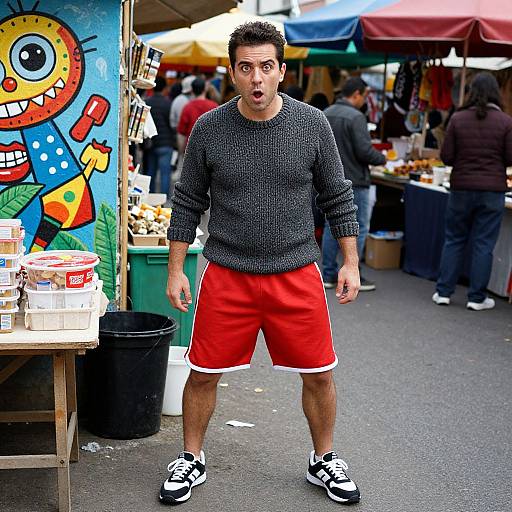 Photograph of a surprised, short-haired man in a gray sweater, red shorts, and black sneakers, standing at a colorful outdoor market.