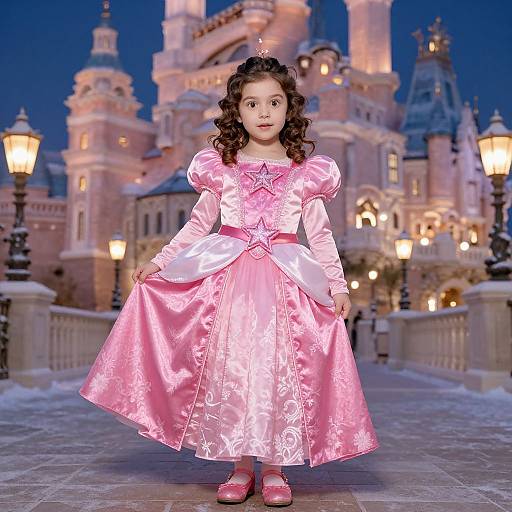 Photograph of a young girl with curly brown hair in a pink, satin princess dress standing in front of a lit, fairy-tale castle at twilight