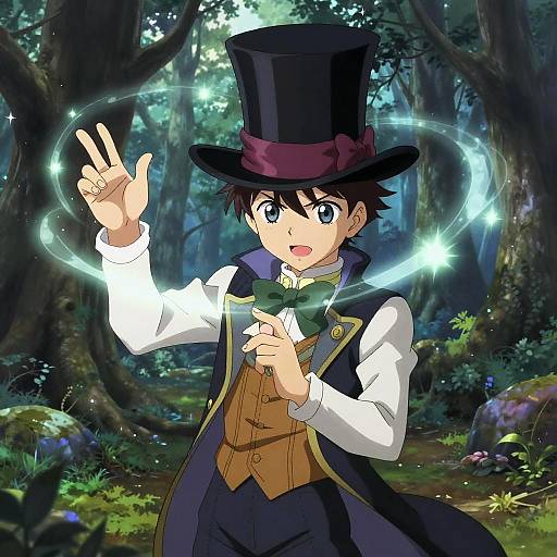 Anime-style drawing of a young man in a Victorian outfit with top hat, green bowtie, and black coat, casting a glowing magical circle in a