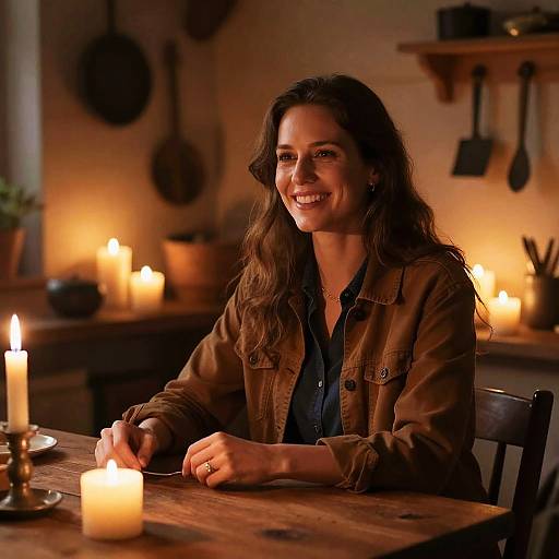 Photograph of a smiling woman with long brown hair, wearing a brown jacket, seated at a wooden table with lit candles in a warmly lit, rustic