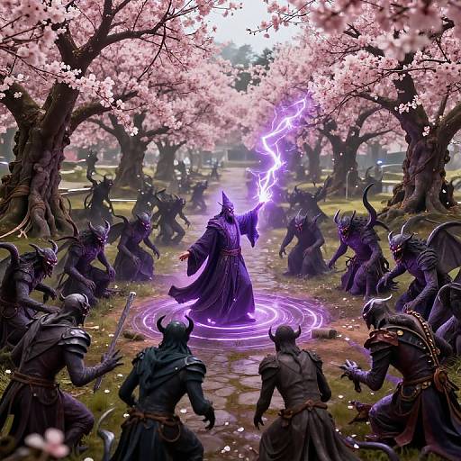 Digital fantasy artwork: A hooded, purple-robed mage conjures glowing purple lightning amidst cherry blossom trees, surrounded by dark, horned demonic warriors
