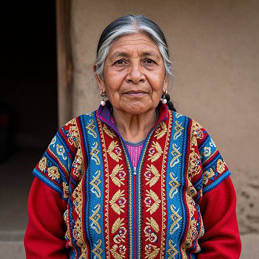 Photograph of an elderly woman with gray hair, wearing a vibrant red and blue embroidered traditional dress, smiling gently, against a plain beige background.