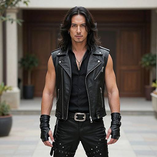Photograph of muscular, long-haired man with medium brown skin, wearing black leather vest, button-up shirt, pants, and fingerless gloves, standing